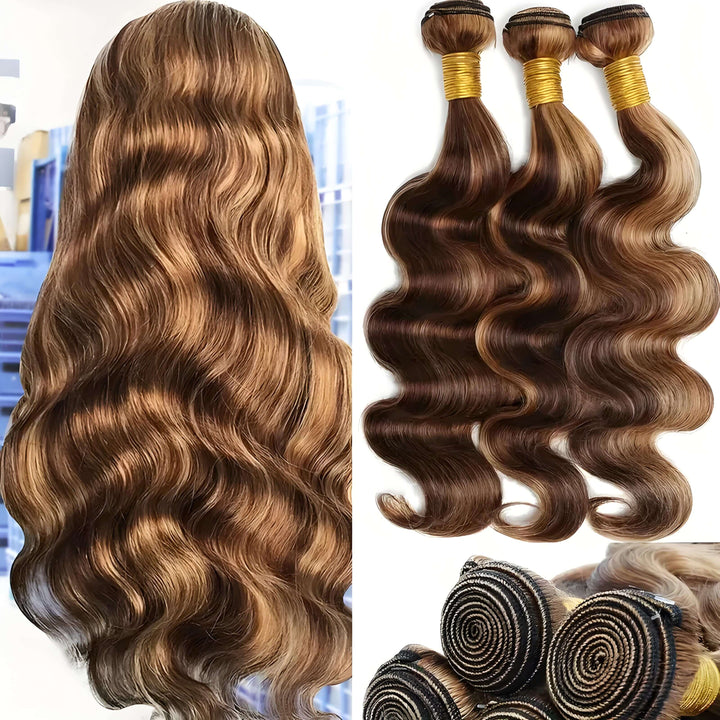 Back view of long P4/27 body wave hairstyle in medium brown with honey blonde highlights, next to three bundles showing smooth texture.