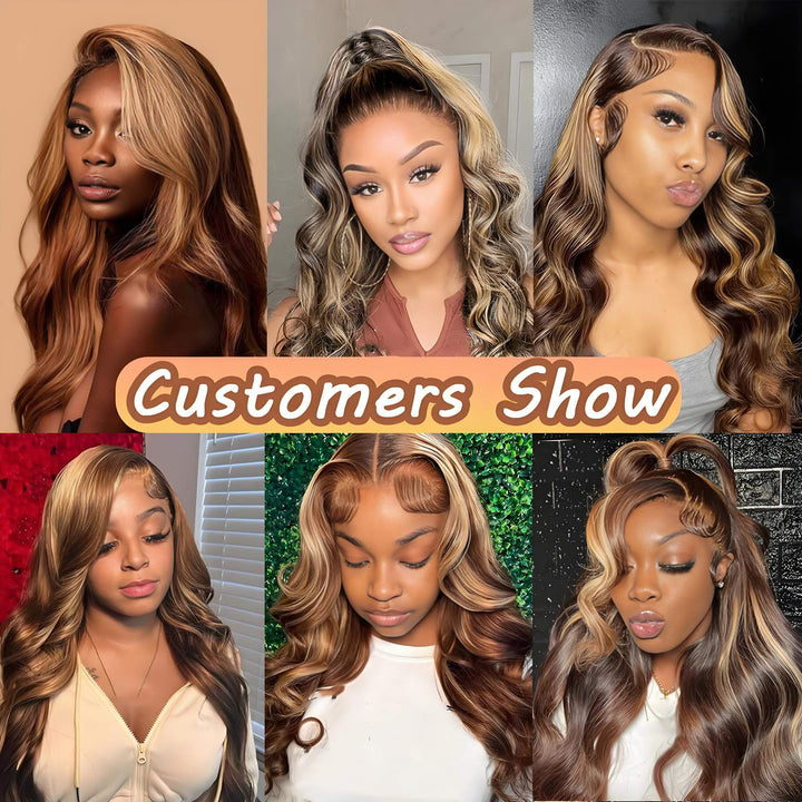 Customer showcase of medium brown with honey blonde highlights (P4/27) body wave hairstyles, various women wearing full volume looks.