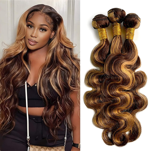 Model showcasing full front view of medium brown with honey blonde highlights (P4/27) body wave bundles, styled with natural shine and bounce.