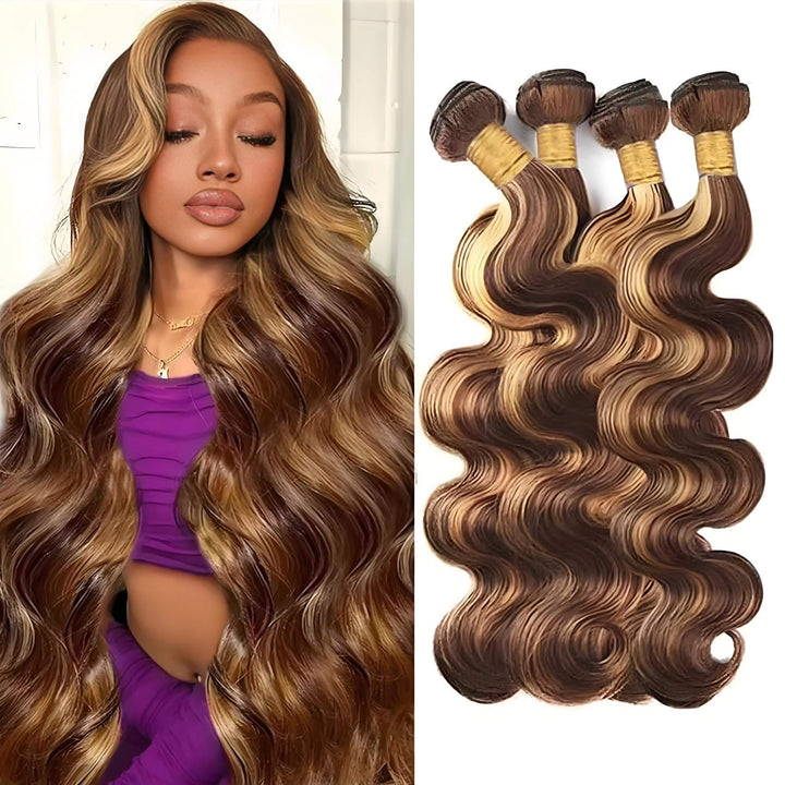 Model wearing medium brown with honey blonde highlights (P4/27) body wave bundles, side-by-side with four bundles showing natural waves.