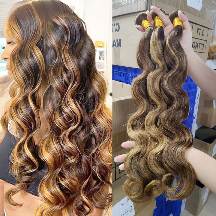 Side profile of body wave hairstyle in medium brown with honey blonde highlights (P4/27), paired with bundles held by hand to show color blend.
