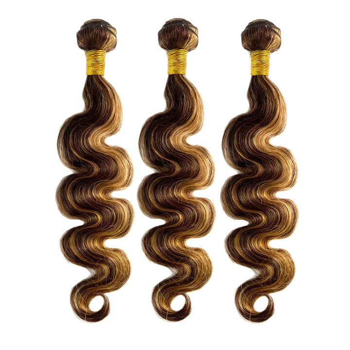 Three pieces of body wave hair bundles in medium brown with honey blonde highlights (P4/27), neatly arranged with defined wave texture.