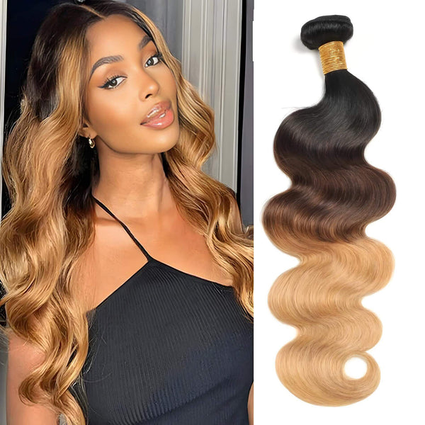 Model wearing T1B/4/27 body wave bundles with side part, shown next to single displayed bundle highlighting ombre color blend.