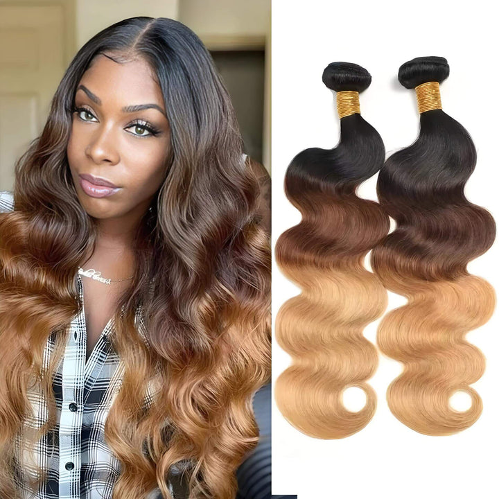Model wearing body wave bundles in T1B/4/27 ombre next to two displayed bundles, blending off black, medium brown, and honey blonde highlights.