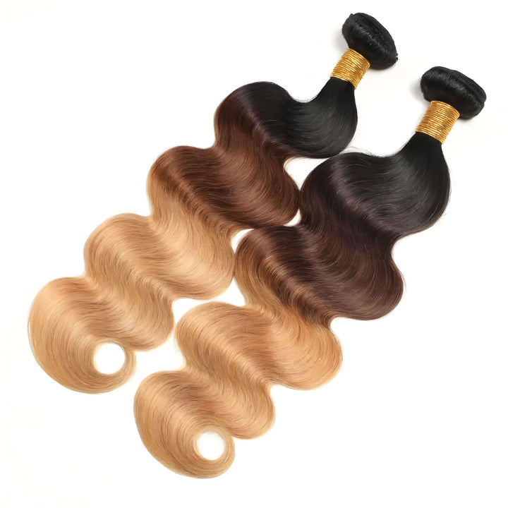 Side display of two body wave bundles in T1B/4/27 ombre, showing silky waves and smooth off black to blonde gradient.