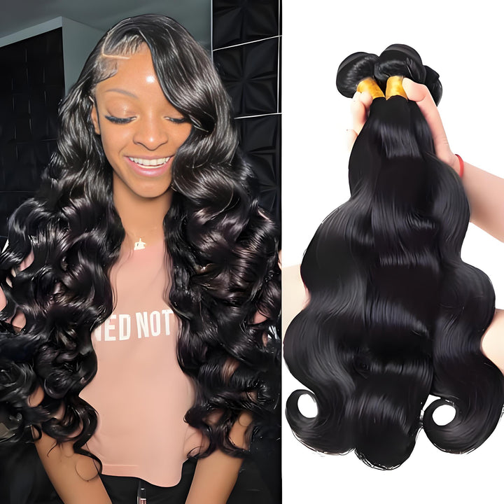 Smiling model with full, shiny body wave hairstyle next to image of three matching bundles, held vertically to show full length and bounce.