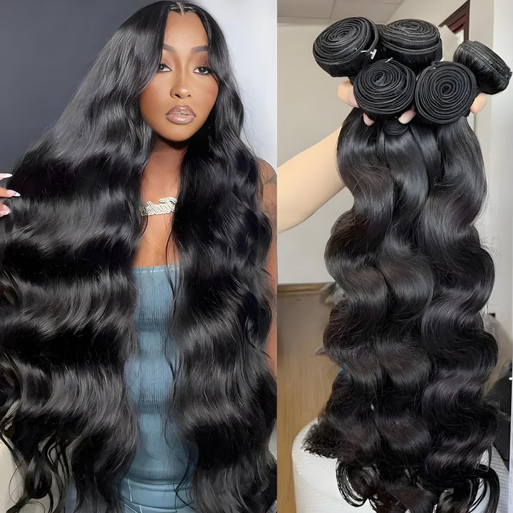 Close-up of double machine wefted body wave bundles held in hand, showing neat stitching and healthy black texture.