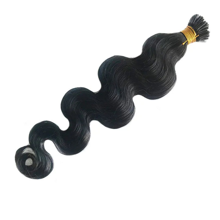 Single strand of EuxmeHair I-tip body wave extension in natural black with a defined S-pattern.
