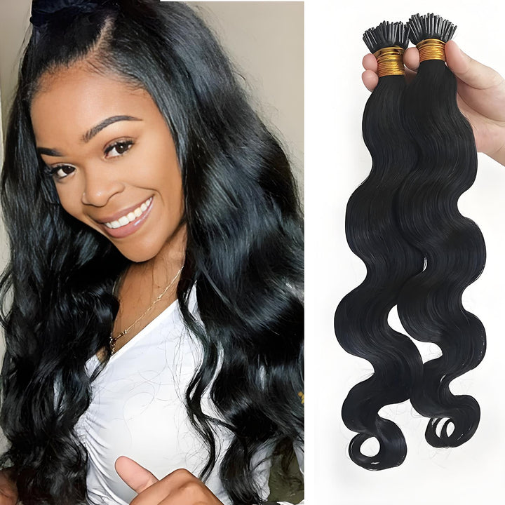 Smiling model wearing EuxmeHair I-tip body wave extensions, showcasing soft texture and natural shine.