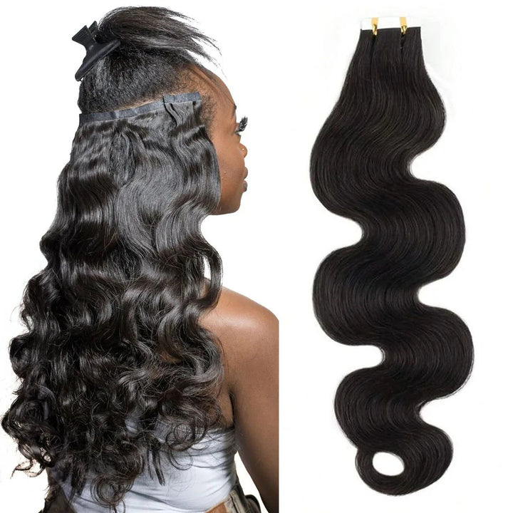 Step-by-step installation of body wave tape-in extensions on model, showing sectioning and placement.