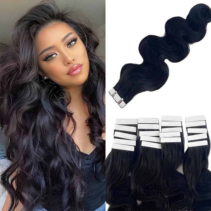 Body wave tape-in hair with close-up of hair strands and base of tape tab in natural color.