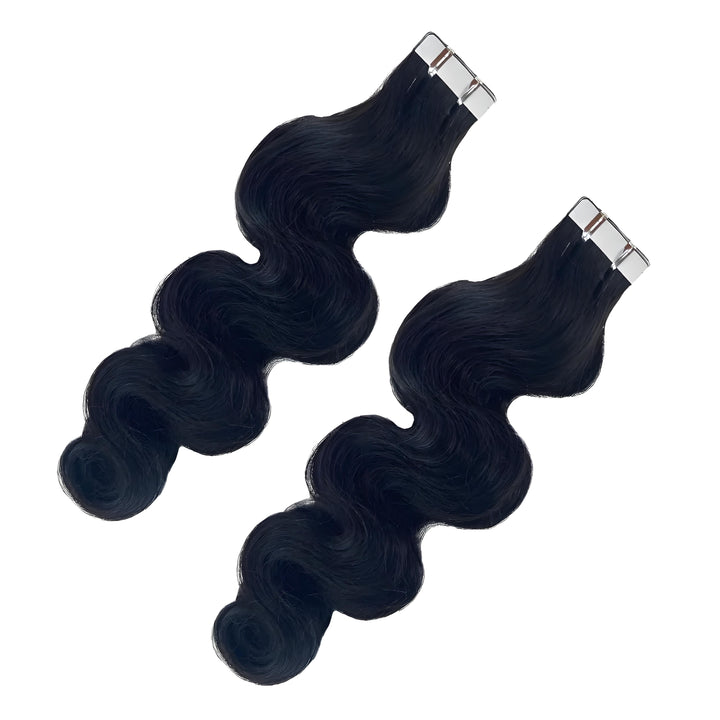 Infographic showing strong medical-grade tape tabs and natural ends of body wave tape-in extensions.