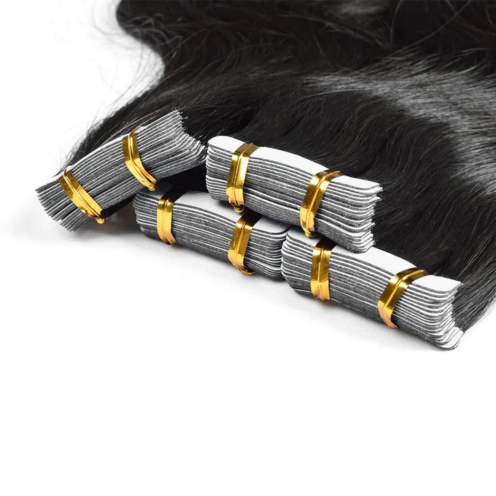Volume comparison of body wave tape-in hair bundles showing 20pcs, 40pcs, and 60pcs sets.
