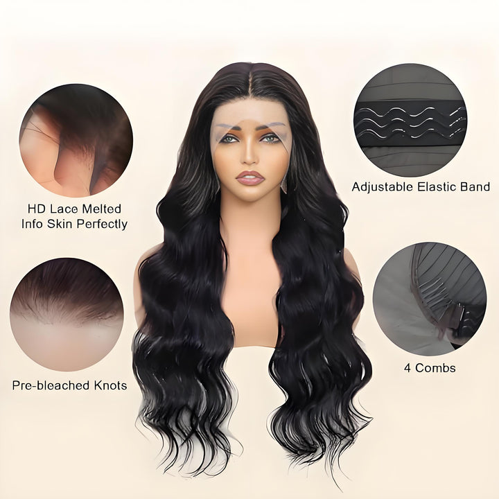 Mannequin showcasing HD lace wig with detailed cap construction including pre-bleached knots, elastic band, and 4 combs.