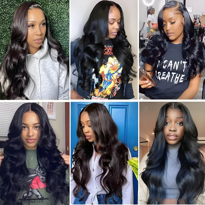 Customer selfie collage showing EuxmeHair body wave wig styled in various looks and lighting.