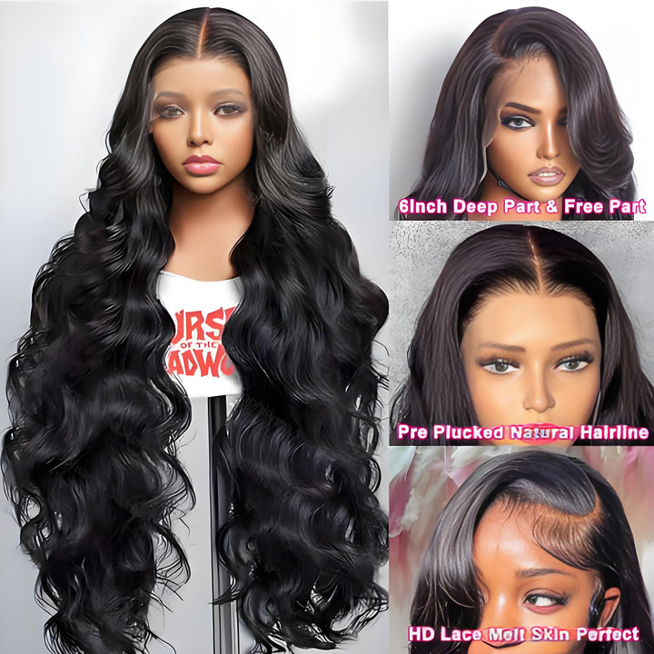 Mannequin and model collage showing deep parting, pre-plucked hairline, and HD lace melt on body wave wig.