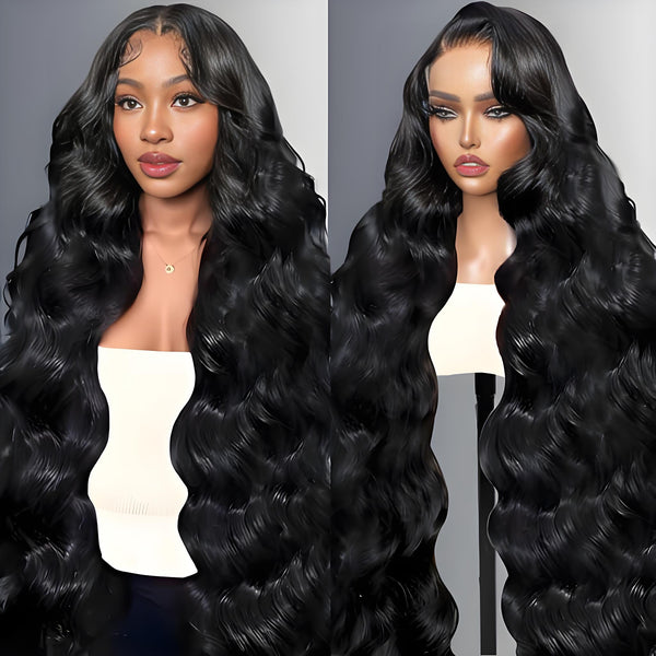 Model and mannequin side-by-side view highlighting natural soft curls, shine, and long layered body wave styling.