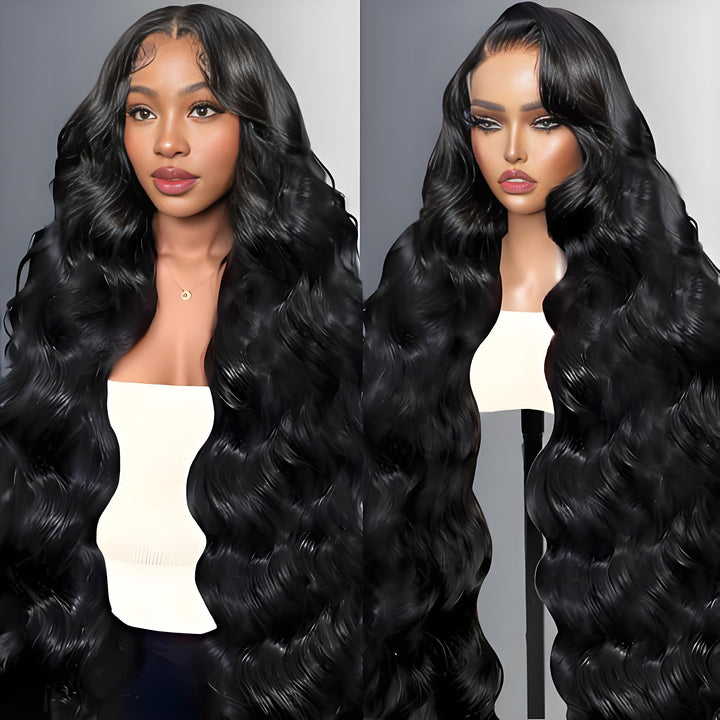 Model and mannequin side-by-side view highlighting natural soft curls, shine, and long layered body wave styling.