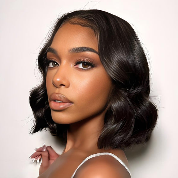 Close-up view of EuxmeHair body wave bob wig on model highlighting soft waves and realistic lace hairline.