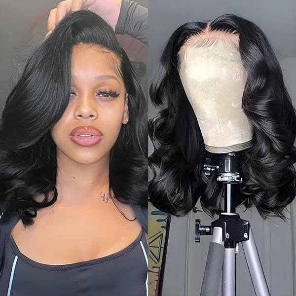 Side-by-side view of model and mannequin showcasing EuxmeHair body wave bob wig’s layered bounce and lace front.
