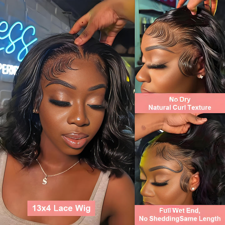 Demonstration of lace wig features including baby hairs, natural curl texture, and full wet end with no shedding.