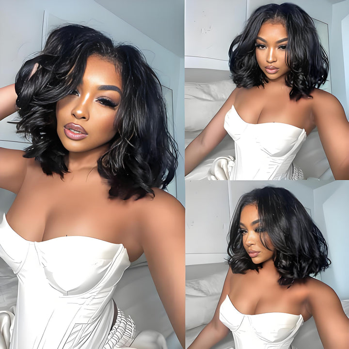 Model showing EuxmeHair body wave bob wig from three angles wearing a white outfit, emphasizing volume and styling.