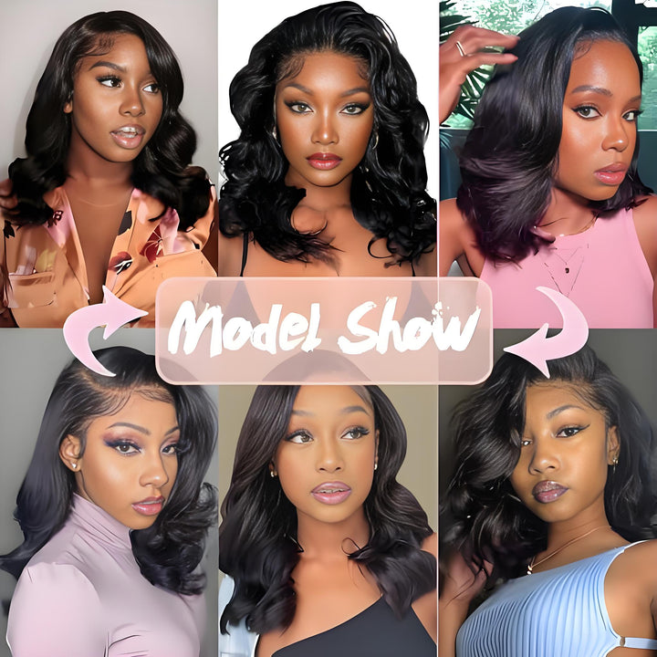 Grid collage of multiple models wearing EuxmeHair body wave bob wig in various angles and natural makeup styles.