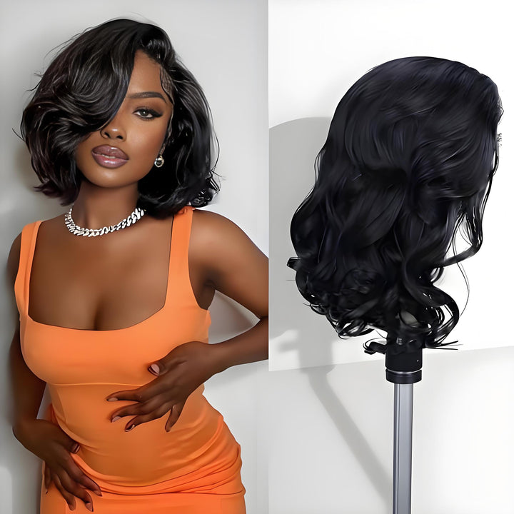 Model wearing EuxmeHair body wave short bob wig in natural black with voluminous curls and deep side part.