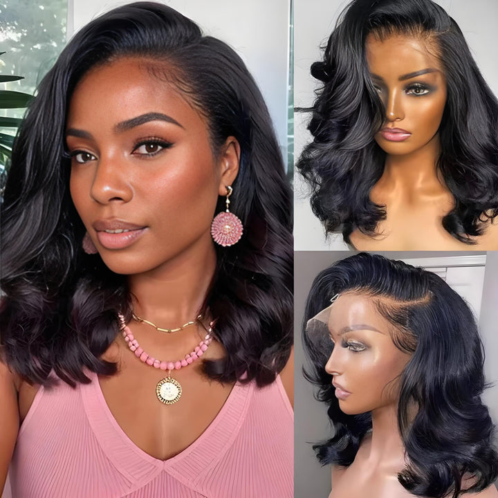 Three views of EuxmeHair side part body wave bob wig on model and mannequin with clean lace and defined waves.