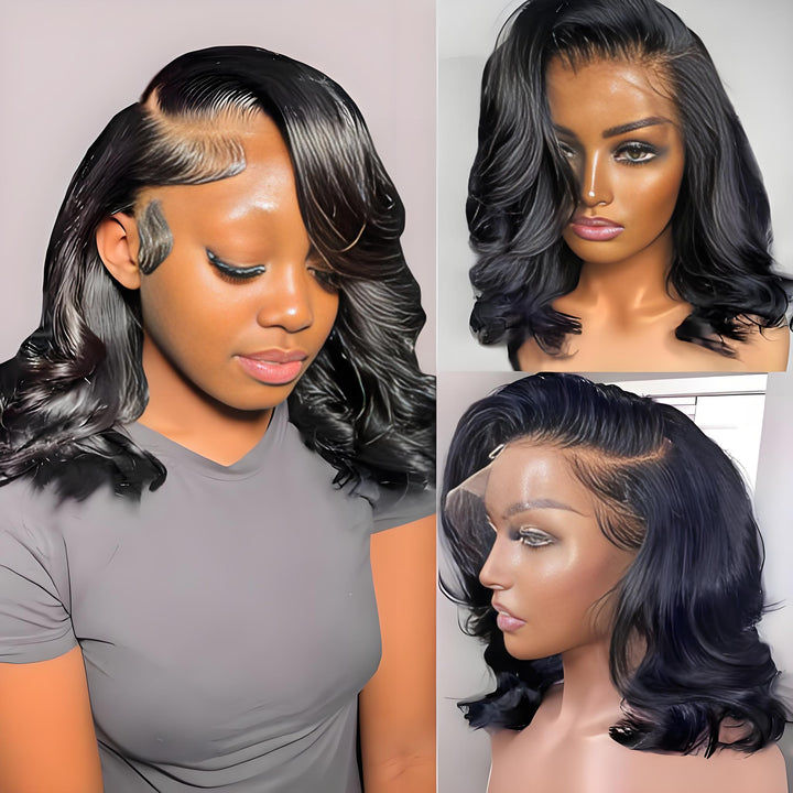 Side profile views of model and mannequin wearing body wave bob wig showing smooth curls and pre-plucked hairline.