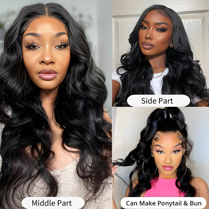 Compilation showing EuxmeHair body wave wig's detailed lace edges, parting line, and baby hair installation.
