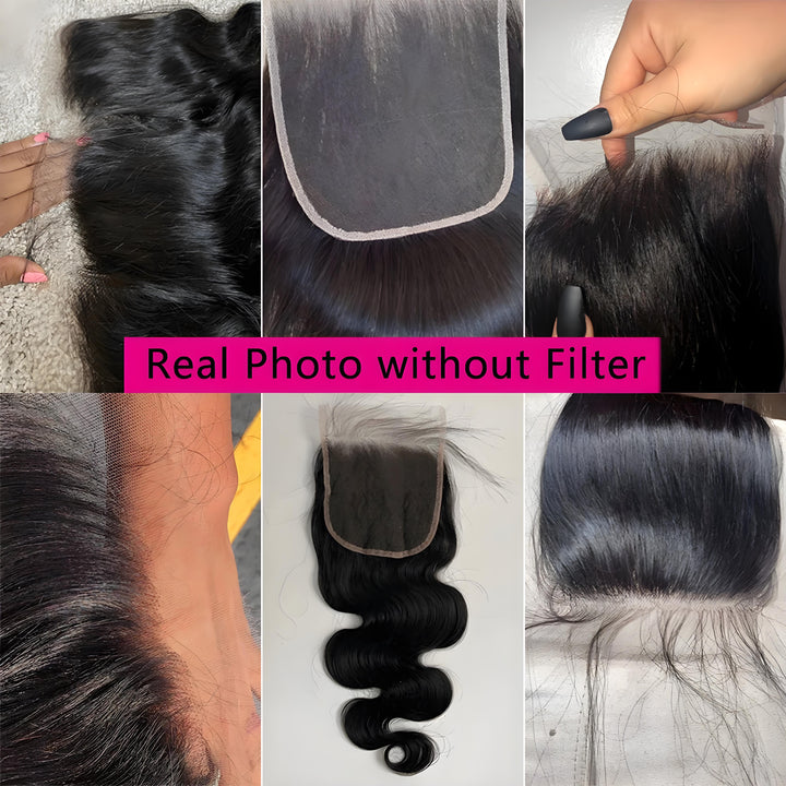 Side-by-side of model and mannequin wearing EuxmeHair body wave wig with defined waves and middle part.