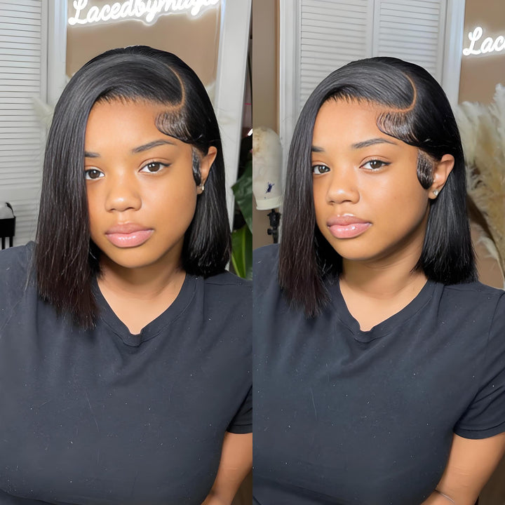 Front and side views of EuxmeHair 13x4 bone straight bob wig worn by model, showing clean side part and baby hairs.