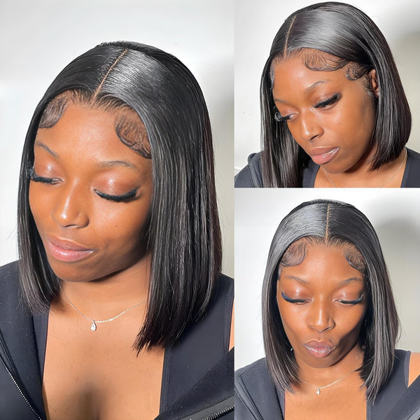 Triple view of EuxmeHair bone straight bob highlighting ultra-natural hairline and baby hair symmetry.