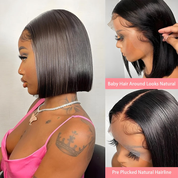 Close-up details of EuxmeHair bob wig with natural baby hairs and pre-plucked hairline on lace front.