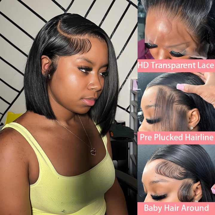 Installation showcase of EuxmeHair bone straight bob with HD lace, plucked hairline, and baby hair detail shots.