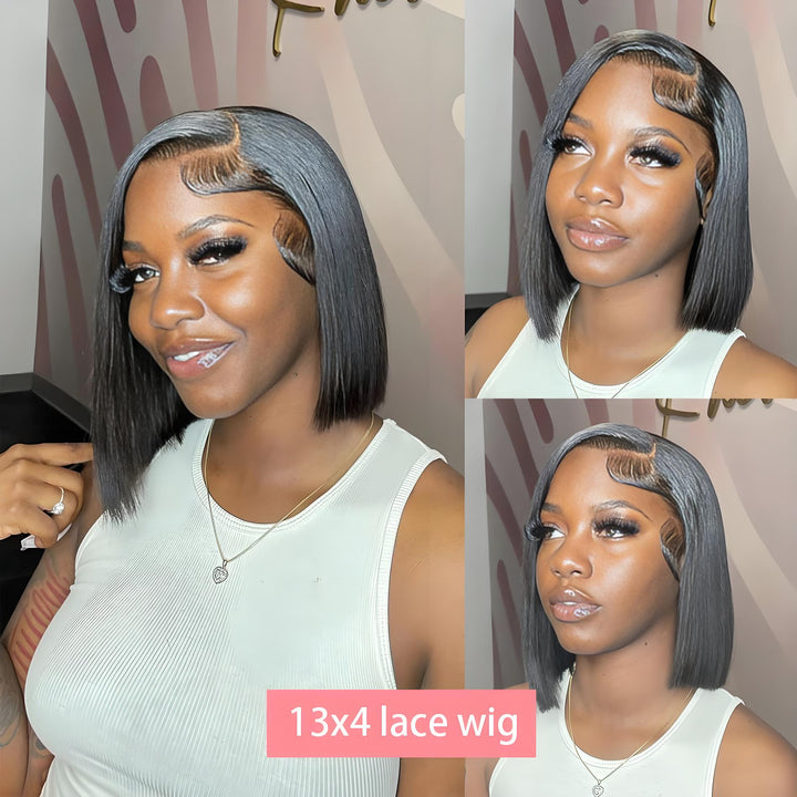 Smiling model wearing EuxmeHair 13x4 lace bob wig with visible baby hair design and clean lace melt.