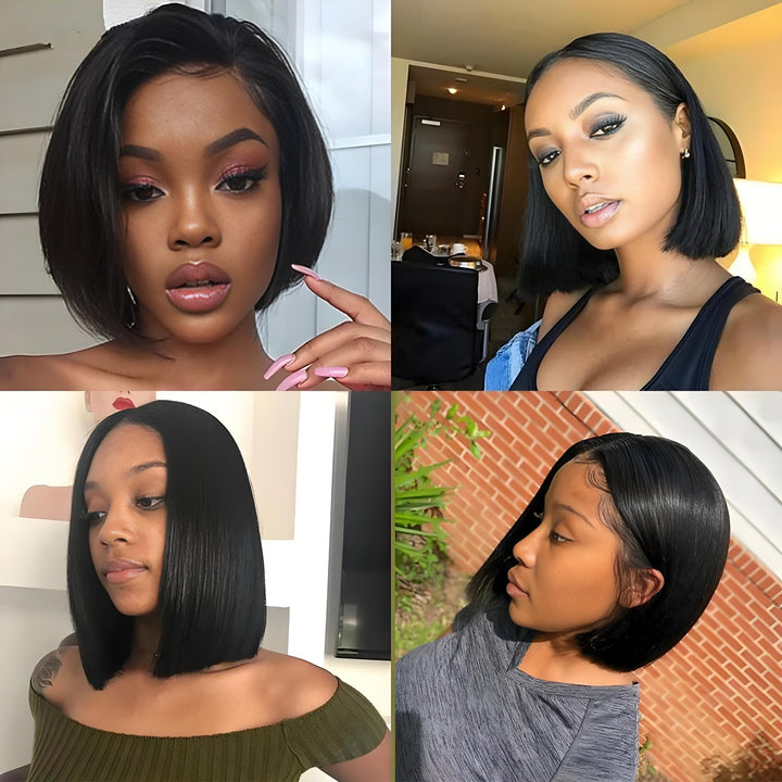Four-model collage showcasing EuxmeHair bone straight bob wig from various angles with middle and side parts.