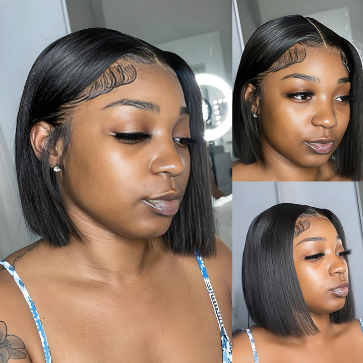 Different angle views of EuxmeHair bone straight bob wig featuring sleek side part and lace blend.