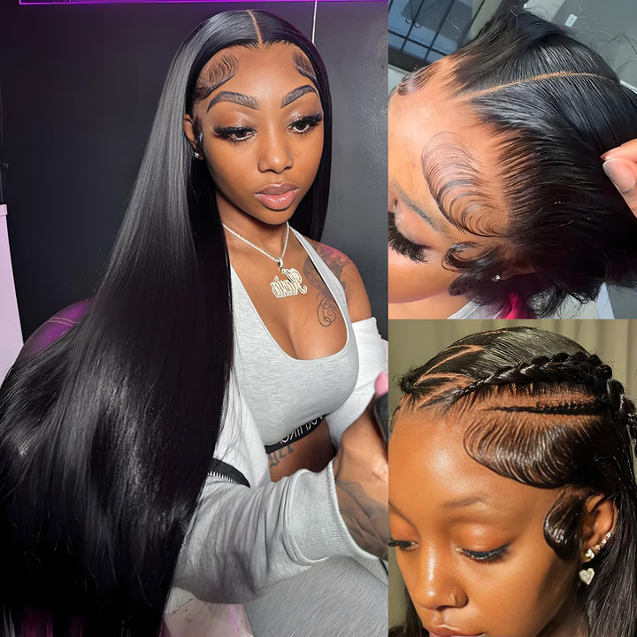 Customer styling showcase with bone straight wig, highlighting clean parting, swoop baby hairs, and natural flow.