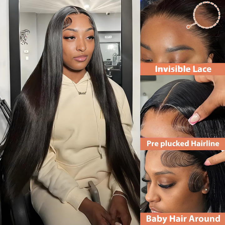 Multiple images showing invisible HD lace melt, pre-plucked hairline, and baby hairs for realistic styling.