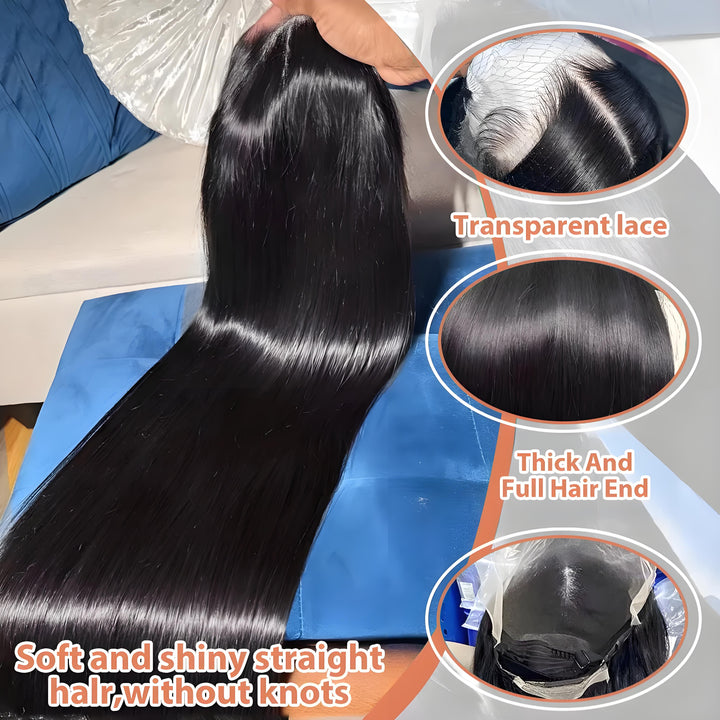 Infographic displaying close-ups of transparent lace, thick ends, and full hair texture of bone straight wig.