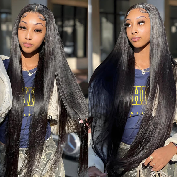 Customer wearing bone straight HD lace wig outdoors, showing sleek natural texture and frontal parting in daylight.