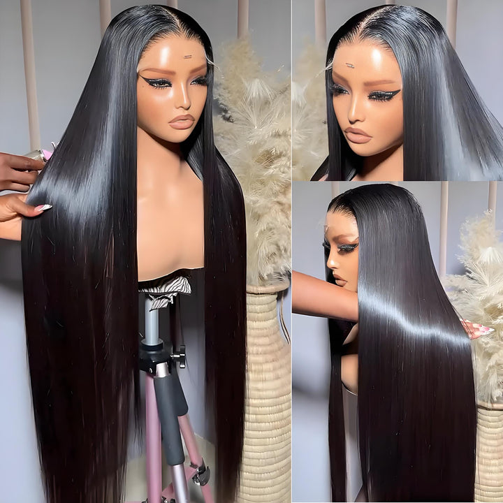 Bone straight wig displayed on mannequin from front, side, and angle views, highlighting the glossy finish and hairline.