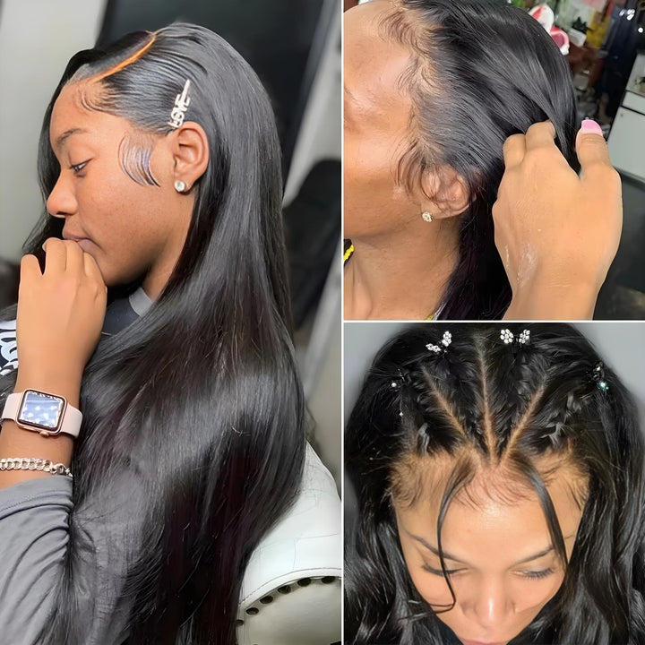 Multiple views showing bone straight wig with baby hairs, braided styling, and side part installation.