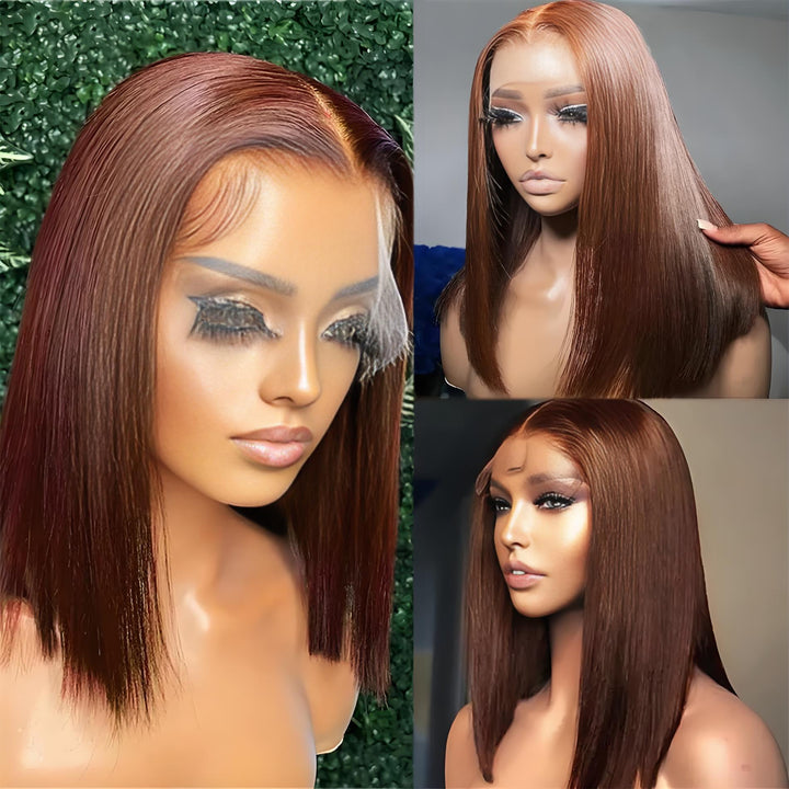Three-angle mannequin display of brown straight bob wig showing smooth layering and lace edge blending.