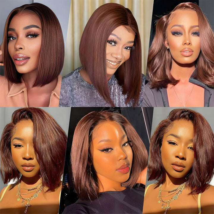 Real customer showcase of EuxmeHair Brown Straight Bob Wig worn by six women, highlighting various lighting and styling results.