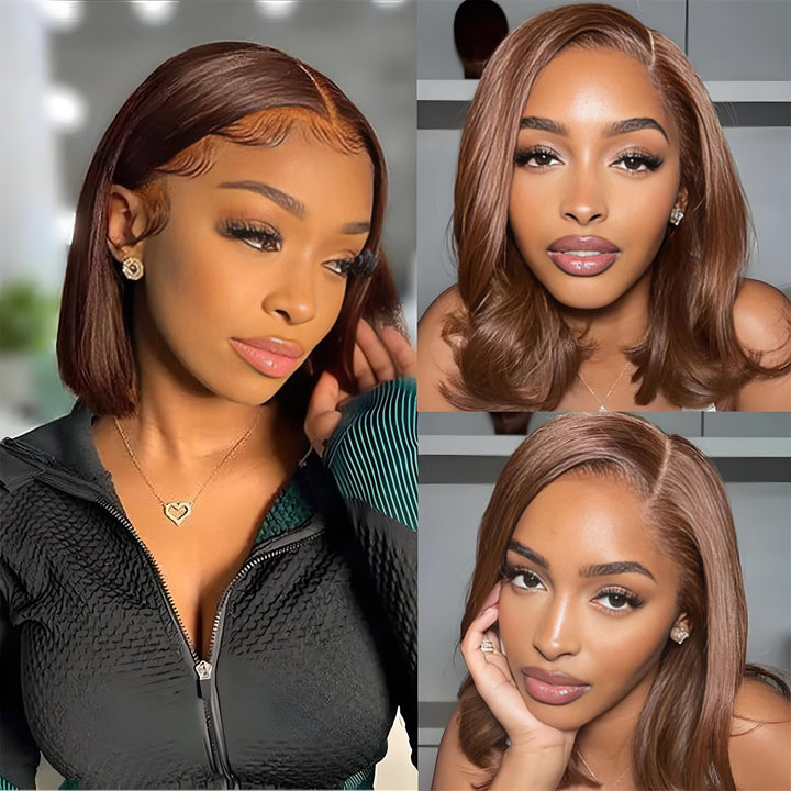 Three-angle lifestyle photo collage of EuxmeHair brown bob wig styled with soft curls and sleek ends on models.