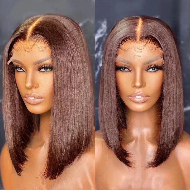 Close-up of Brown Bob Wig styled with middle part, shown from front and side, showcasing lace parting and silky texture.