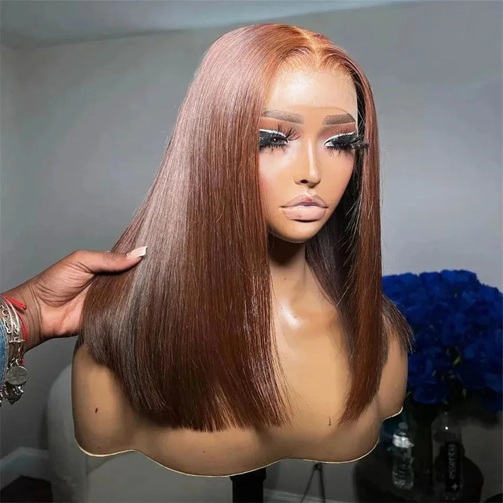 Side view of EuxmeHair Brown Straight Bob Wig on mannequin under bright light, showing smooth strands and even cut.
